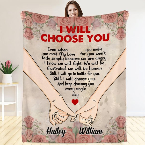 Personalized I Will Choose You Hand in Hand Rose Element Soft Throw Blanket with Name Home Decor Valentine's Day Anniversary Gift for Couple Lover