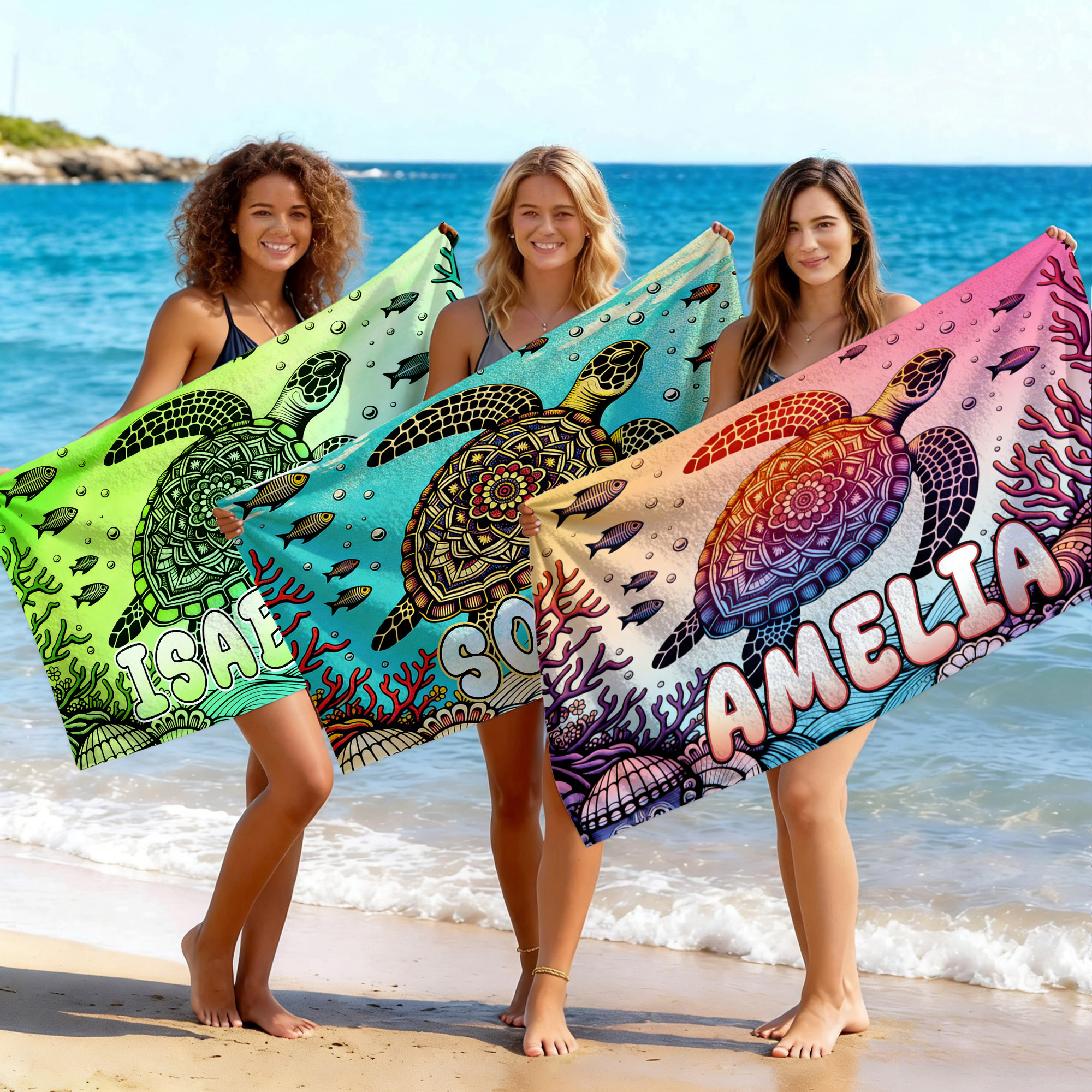 Serviette de plage personnalisée en microfibre à séchage rapide avec nom Tortue de mer Cadeau d'anniversaire pour la famille et les amis