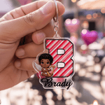 Personalized Angel Cupid Heart Stripe Design Acrylic Keychain with Name Daily Use Valentine's Day Anniversary Gift for Couple Boyfriend Girlfriend