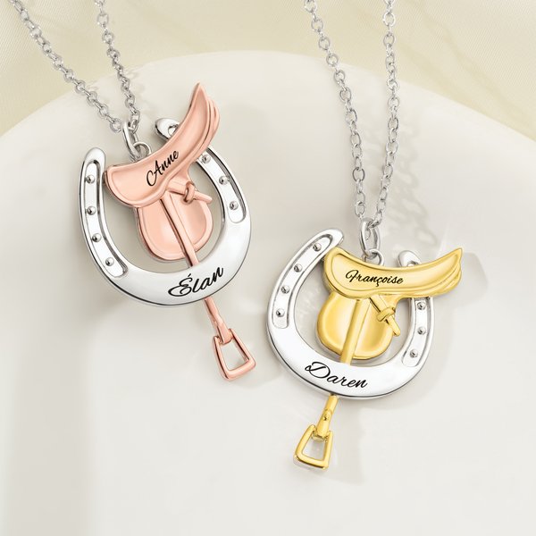 Collier de selle et fer à cheval personnalisé avec nom gravé - Cadeau d'anniversair Saint-Valentin pour les femmes amoureuses de cheval