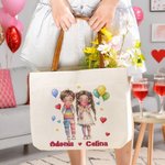 Personalised Cartoon Couple Canvas Tote Bag with Name and PU Leather Handle Travel Essentials Birthday Valentine's Day Gift for Couple