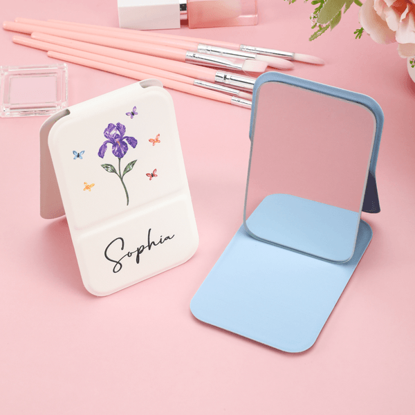 Personalized Crystal Birth Flower Butterfly PU Leather Makeup Mirror with Name Foldable Travel Essential Birthday Anniversary Gift for Women