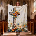 Personalised Oil Painting Style Cross Flower Soft Throw Blanket with Name Christian Birthday Easter Gift for Christians