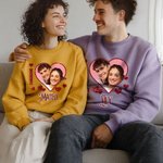 Personalised Sparkly Glittery Heart-Shaped Photo Design T-shirt Sweatshirt with Name Valentine's Day Anniversary Gift for Couple Husband Wife
