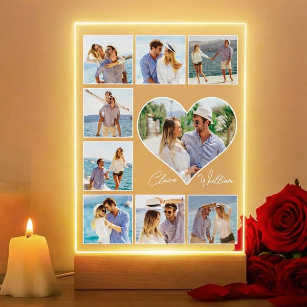 Veilleuse LED en acrylique personnalisée avec nom et socle en bois Cadeau d'anniversaire de Saint-Valentin pour couple