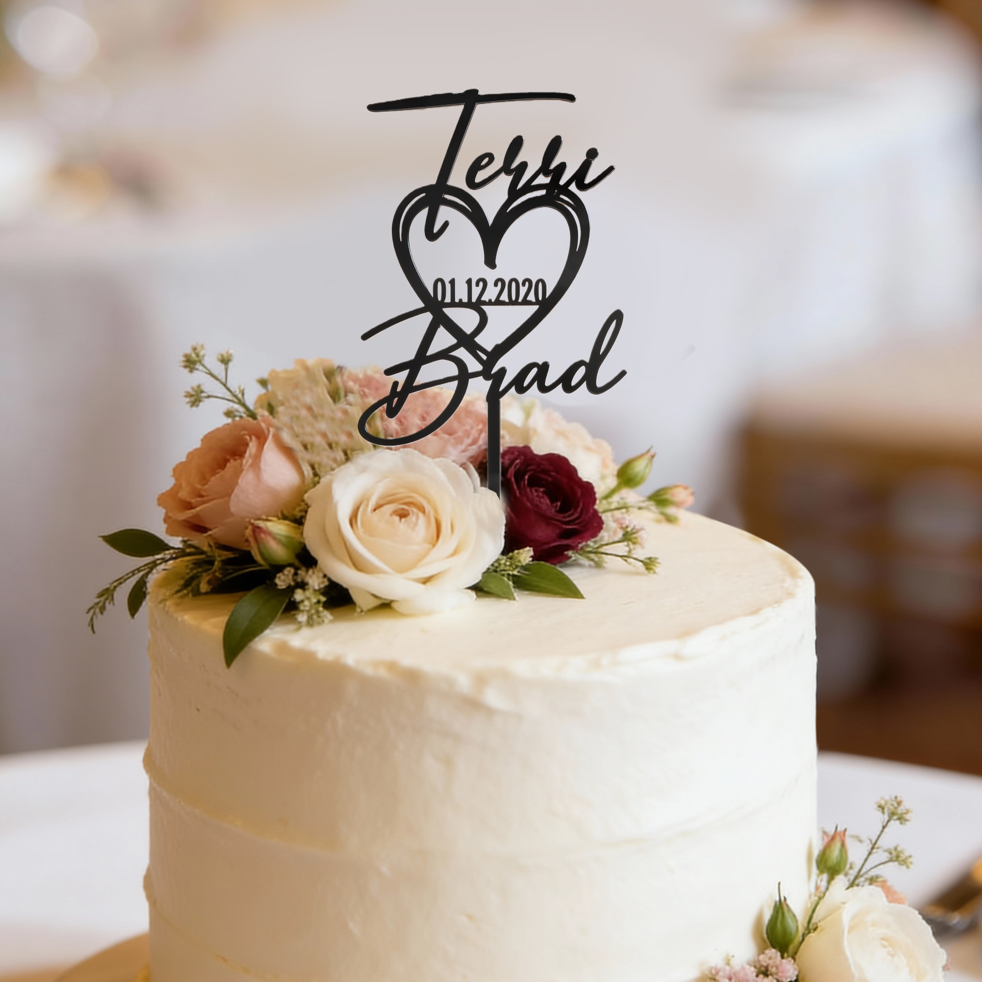 Décor de gâteau de mariage en forme de coeur avec nom et date Cadeau d'anniversaire de mariage pour couple