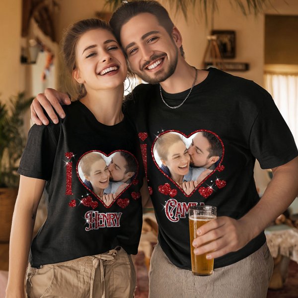 Personalised Sparkly Glittery Heart-Shaped Photo Design T-shirt Sweatshirt with Name Valentine's Day Anniversary Gift for Couple Husband Wife