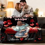 Personalized Cartoon Couple Back View Heart Soft Throw Blanket with Name Home Decor Valentine's Day Birthday Gift for Couple