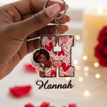 Personalized Angel Cupid Heart Stripe Design Acrylic Keychain with Name Daily Use Valentine's Day Anniversary Gift for Couple Boyfriend Girlfriend