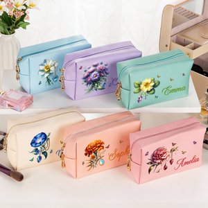 Personalised Multicolour Gemstone Birth Flower PU Leather Makeup Bag with Name and Zipper Travel Essentials Birthday Gift for Women