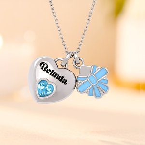 Personalized Love & Gift Box Double Pendant Necklace with Heart-Shaped Birthstone and Name Dainty Jewelry Valentine's Day Birthday Gift for Her
