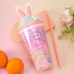 Gepersonaliseerde Ice Cream Waffle Bunny 15 oz waterfles met rietje en naam Verjaardag Zomervakantie Reiscadeau voor kinderen