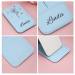 Personalized Crystal Birth Flower Butterfly PU Leather Makeup Mirror with Name Foldable Travel Essential Birthday Anniversary Gift for Women