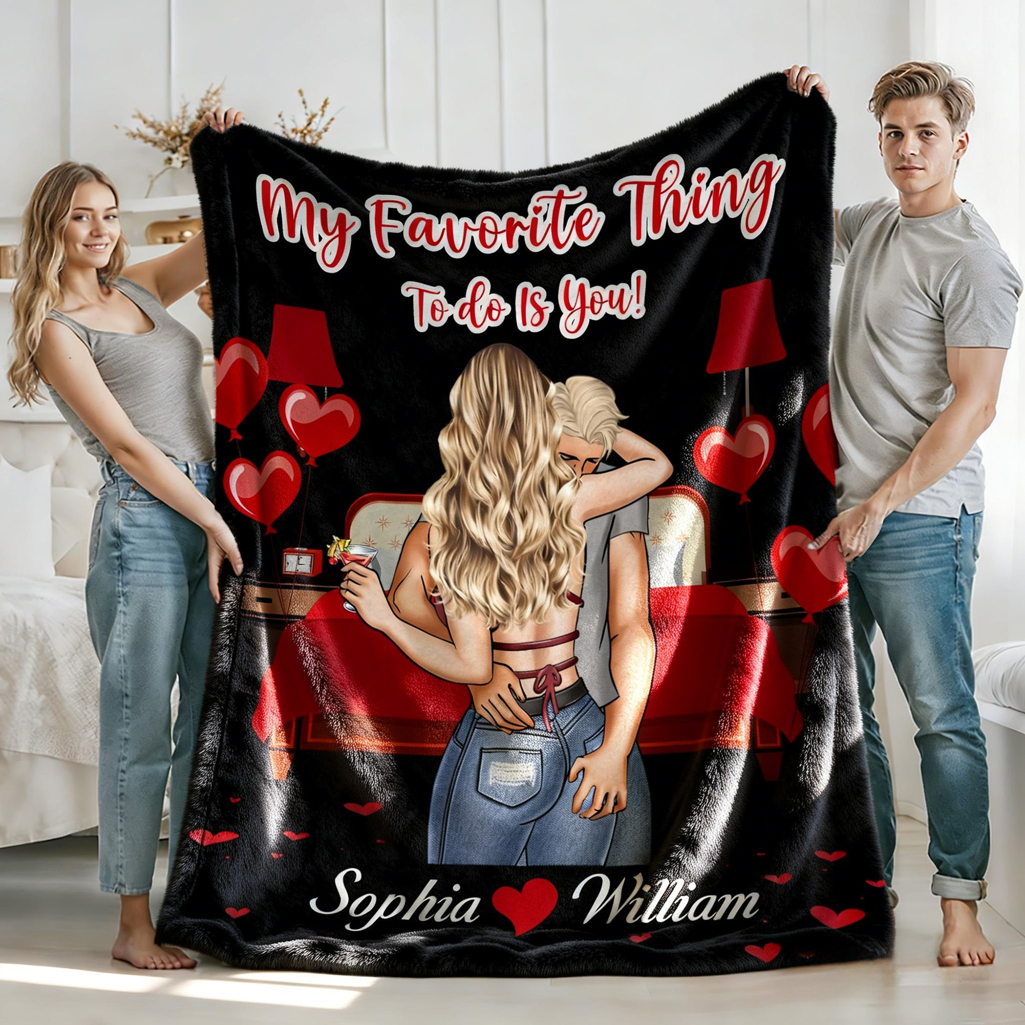 Personnalisé Cartoon Couple Back View Heart Soft Throw Blanket with Name Home Decor Valentine's Day Birthday Gift for Couple