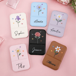 Personalized Crystal Birth Flower Butterfly PU Leather Makeup Mirror with Name Foldable Travel Essential Birthday Anniversary Gift for Women