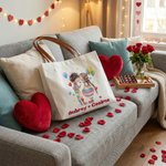 Personalised Cartoon Couple Canvas Tote Bag with Name and PU Leather Handle Travel Essentials Birthday Valentine's Day Gift for Couple