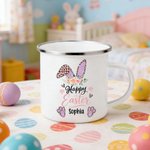Personalized Leopard Print Flower Bunny 12 oz Enamel Mug with Name Daily Use Happy Easter Gift for Boys Girls
