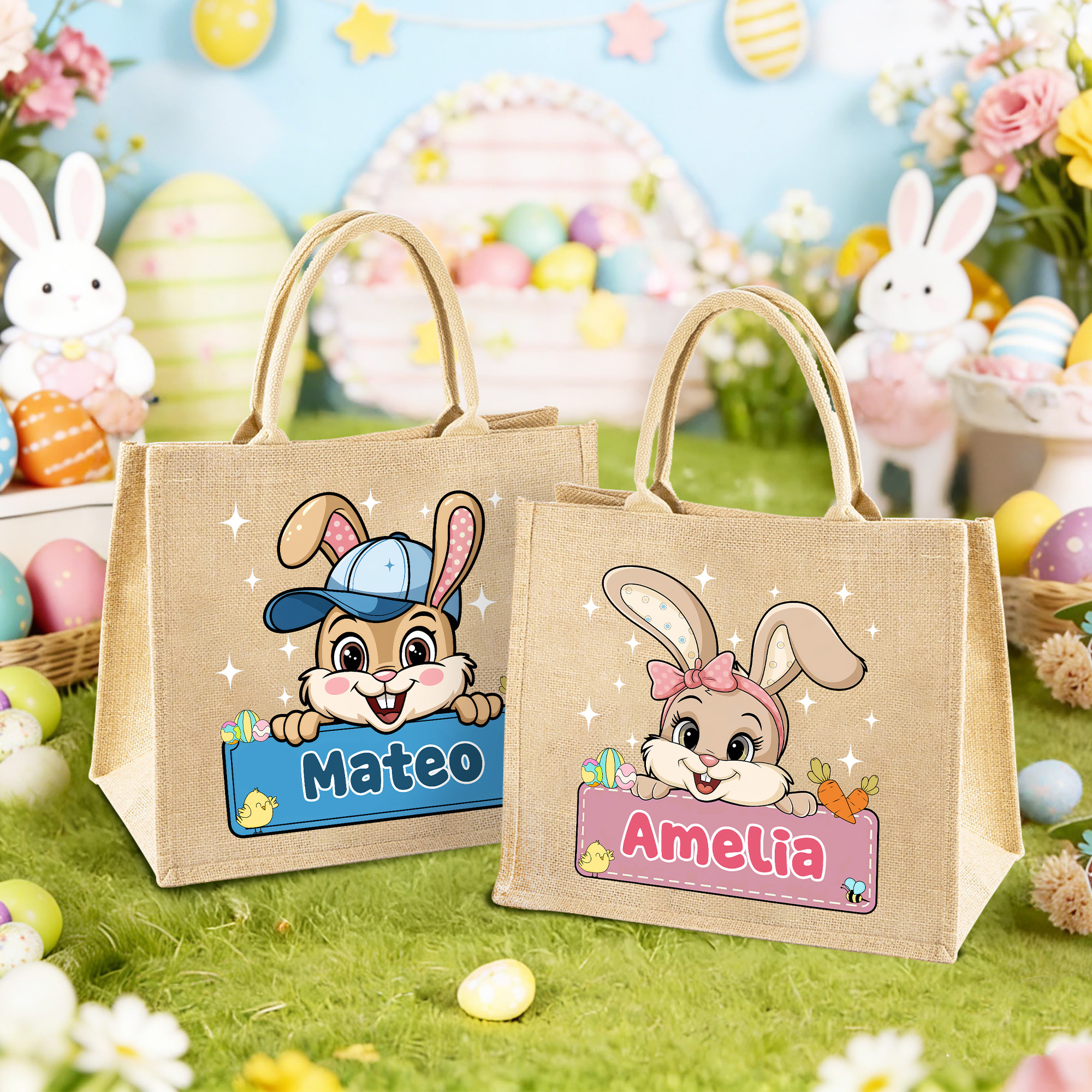 Sac en toile de jute avec nom Cadeau de fête de Pâques pour garçons filles