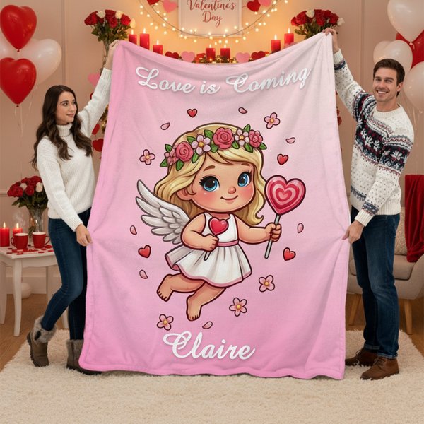 Personalizado Corazón Rosa Cupido lindo suave manta con nombre Decoración para el hogar Día de San Valentín Aniversario de regalo para la pareja