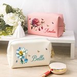 Personalised Multicolour Gemstone Birth Flower PU Leather Makeup Bag with Name and Zipper Travel Essentials Birthday Gift for Women