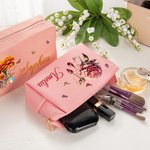 Personalised Multicolour Gemstone Birth Flower PU Leather Makeup Bag with Name and Zipper Travel Essentials Birthday Gift for Women