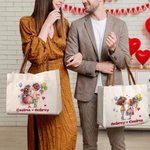 Personalised Cartoon Couple Canvas Tote Bag with Name and PU Leather Handle Travel Essentials Birthday Valentine's Day Gift for Couple