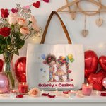Personalised Cartoon Couple Canvas Tote Bag with Name and PU Leather Handle Travel Essentials Birthday Valentine's Day Gift for Couple