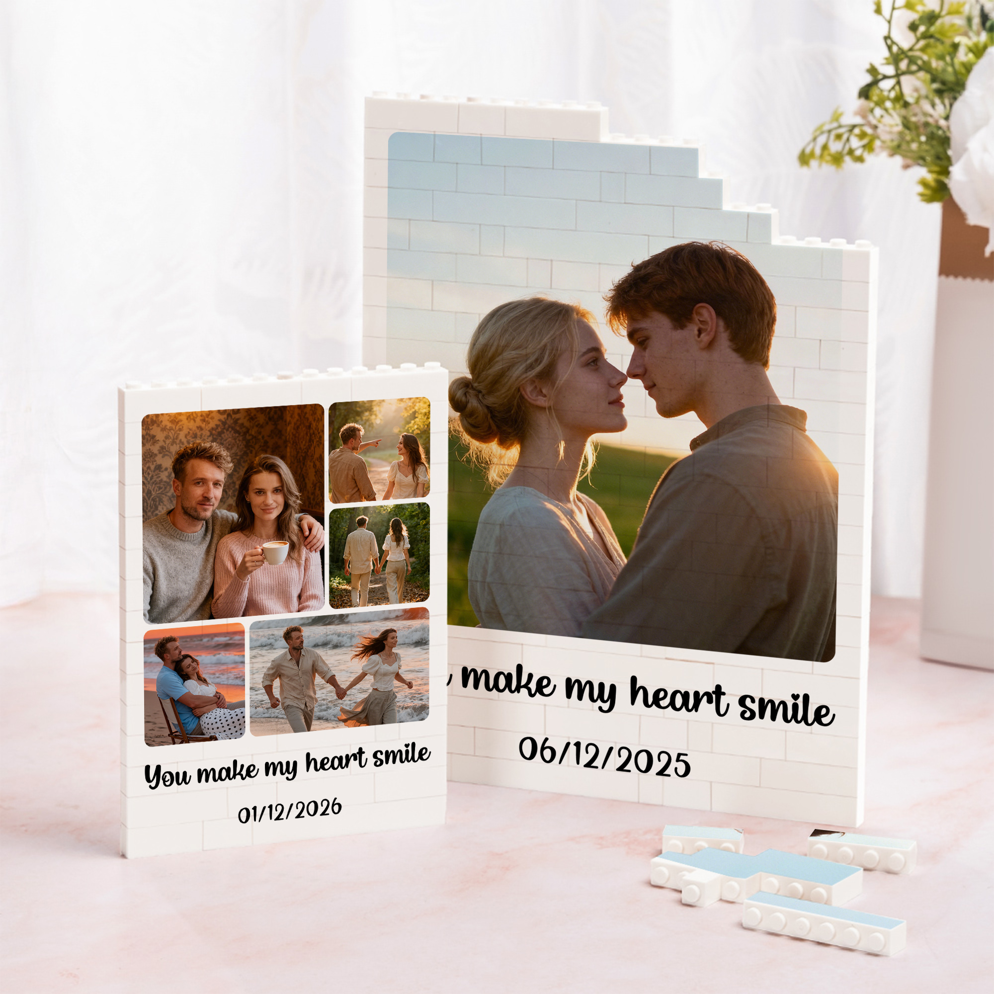 Puzzles en briques personnalisés avec 1-6 photos texte et date - Décoration de chambre - Cadeau anniversaire Saint-Valentin pour couple