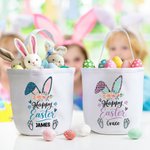 Personalised Leopard Print Flower Bunny Reusable Canvas Basket with Name Happy Easter Gift for Boys Girls