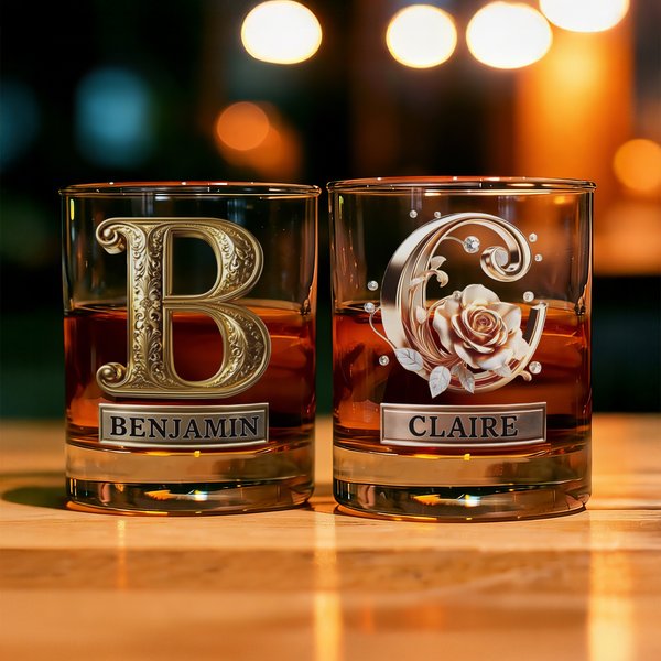 Personalized Rose Alphabet 10 oz Whiskey Glass with Name Valentine's Day Gifts for Couple Whiskey Lover