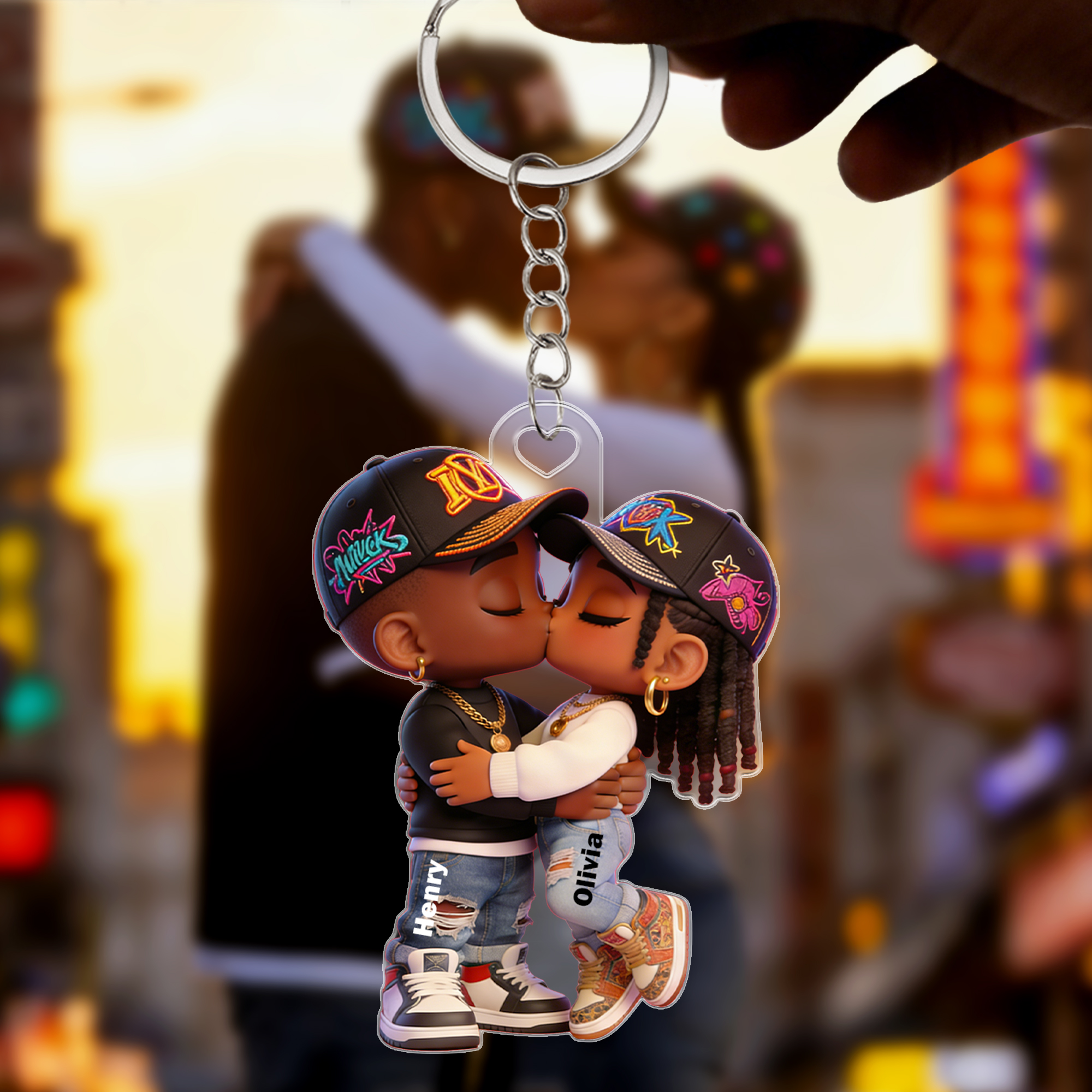 Porte-clés personnalisé en acrylique avec nom et personnage de dessin animé Cadeau d'anniversaire de Saint-Valentin pour couple