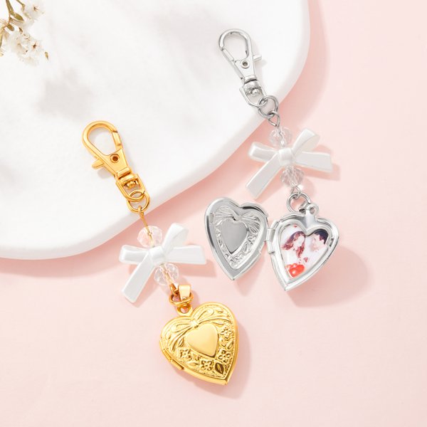 Personalized White Bow Love Locket Bag Charm Keychain with Heart-Shaped Photo Anniversary Birthday Gift for Her
