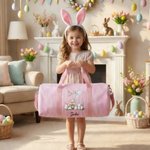 Personalized Cute Easter Rabbit Egg Striped Canvas Large Capacity Travel Bag with Name and Shoulder Strap Easter Gift for Kids Teenagers