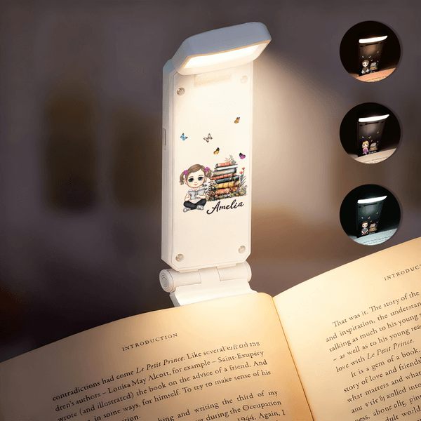 Personalized Cartoon Reading Character Butterfly Book Rechargeable LED Light Clip with Name Birthday Gift for Book Lovers Bookworms