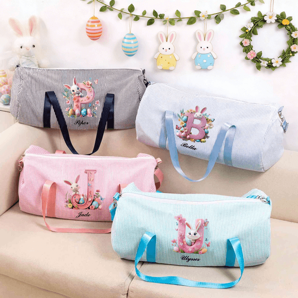 Personalisierte rosa Hase anfängliche Osterei gestreiften Canvas große Kapazität Reisetasche mit Namen und Schultergurt Ostern Geburtstag Geschenk für Kinder