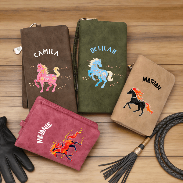 Personalized Multicolor Floral Horse PU Leather Wristlet Wallet with Name and Multiple Card Slots Daily Use Birthday Gift for Horse Owners Lovers