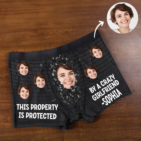 Personalised Wall Crack Face Photo Funny Men's Underwear Boxer Brief with Name Valentine's Day Anniversary Gift for Couple Partner