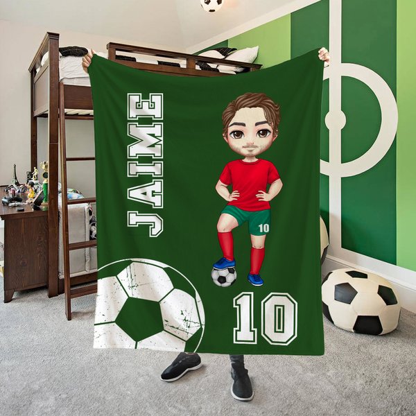Manta suave personalizada multicolor con personaje animado de fútbol y nombre decoración del hogar regalo de cumpleaños para amantes del fútbol