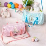 Personalized Cute Easter Rabbit Egg Striped Canvas Large Capacity Travel Bag with Name and Shoulder Strap Easter Gift for Kids Teenagers
