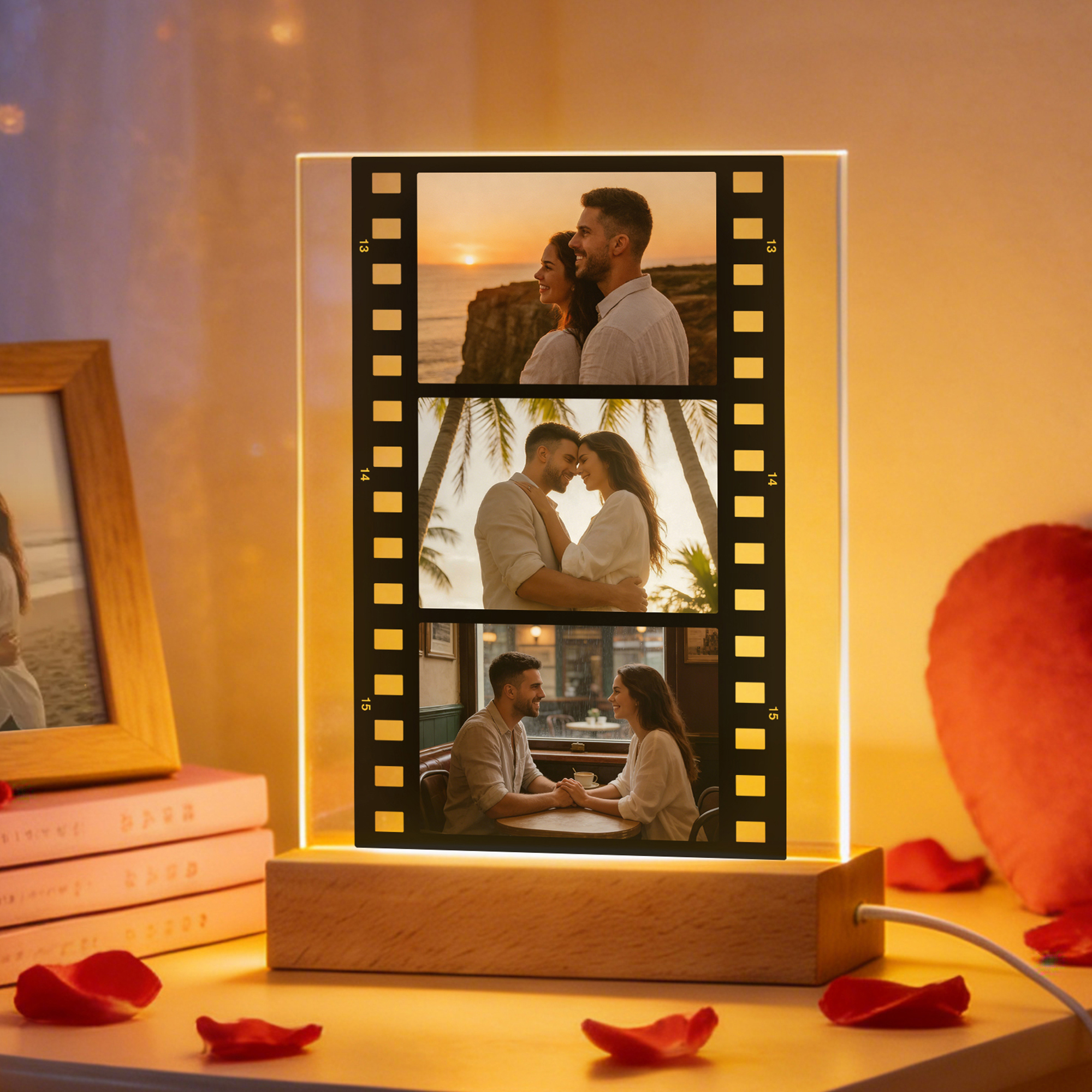Film personnalisé 3 Photos 7-Color LED Acrylic Night Light Desk Decor Valentine's Day Anniversary Gift for Couple Bestie Friend