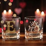 Personalized Rose Alphabet 10 oz Whiskey Glass with Name Valentine's Day Gifts for Couple Whiskey Lover