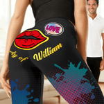Personalized Love Red Lip Stretch Leggings Yoga Pants with Name Valentine's Day Anniversary Gift for Wife Girlfriend