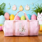 Personalized Cute Easter Rabbit Egg Striped Canvas Large Capacity Travel Bag with Name and Shoulder Strap Easter Gift for Kids Teenagers
