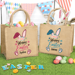 Personalized Leopard Print Rabbit Ears Large Capacity Jute Easter Bag with Name Easter Party Gift for Kids Friends