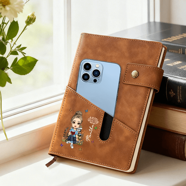 Personalised Book Birth Flower Cartoon Character A5 Journal Notebook with Pocket and Name Daily Use Birthday Gift for Family Friends Bookworms