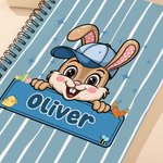 Personalized Cute Bunny Stripe A5 Spiral Journal Notebook with Name and 120 Lined Pages Easter Party Gift for Kids