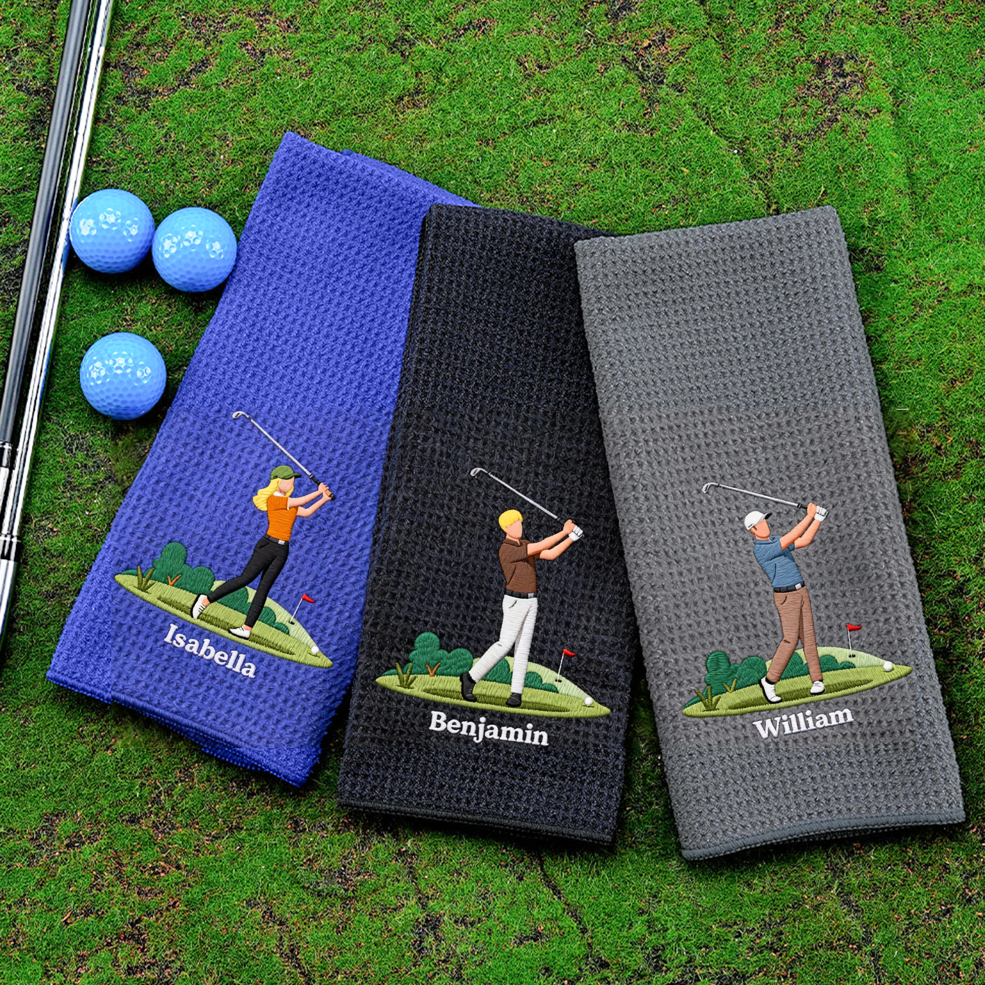 Serviette de golf personnalisée avec nom et personnage cartoon brodés - Accessoire de sport - Cadeau d'anniversaire pour les amateurs de golf