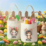 Personalized Cute Plush Rabbit Flower Bunny Ears Easter Basket with Name Easter Eggs Hunting Party Favors Gift for Boys Girls