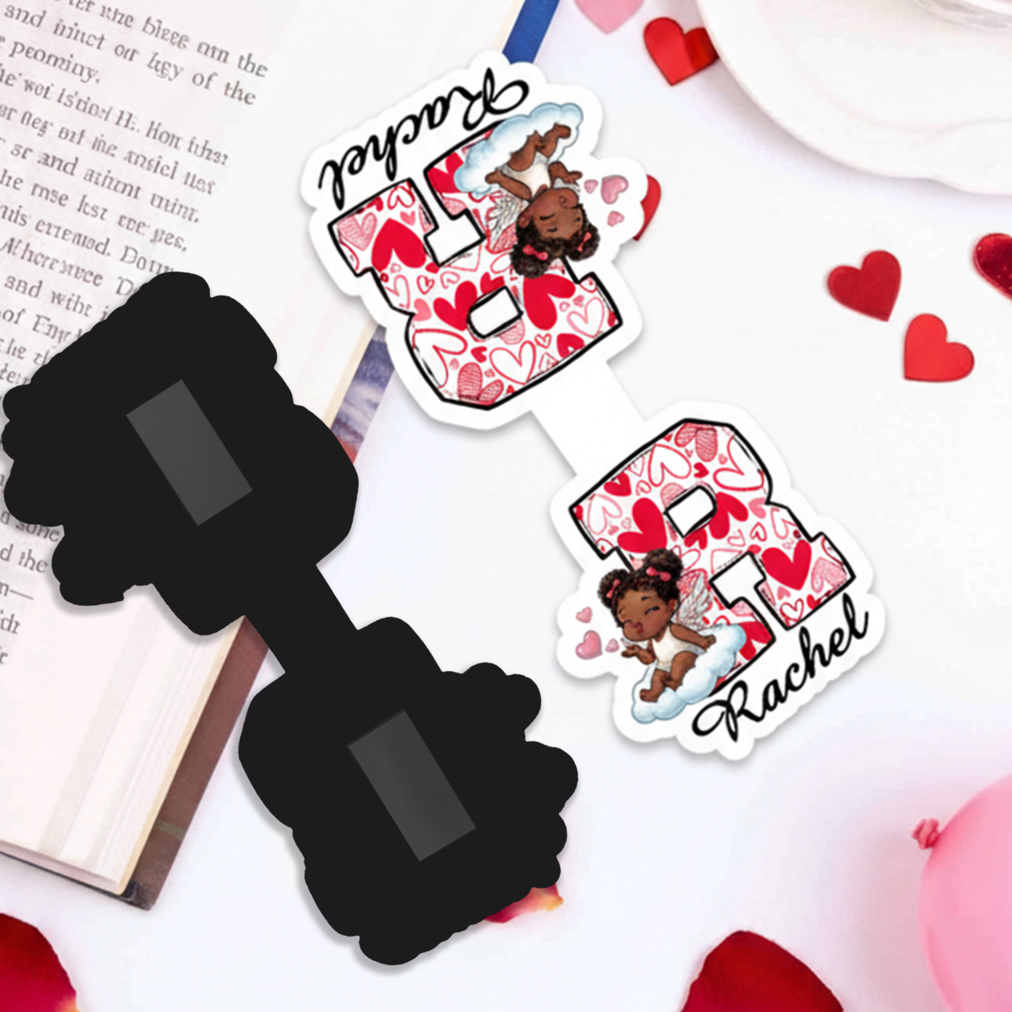 Marque-page magnétique personnalisé avec initiale et nom Cupidon Ange Rose Coeur Cadeau d'anniversaire de St Valentin pour couple Amoureux des livres