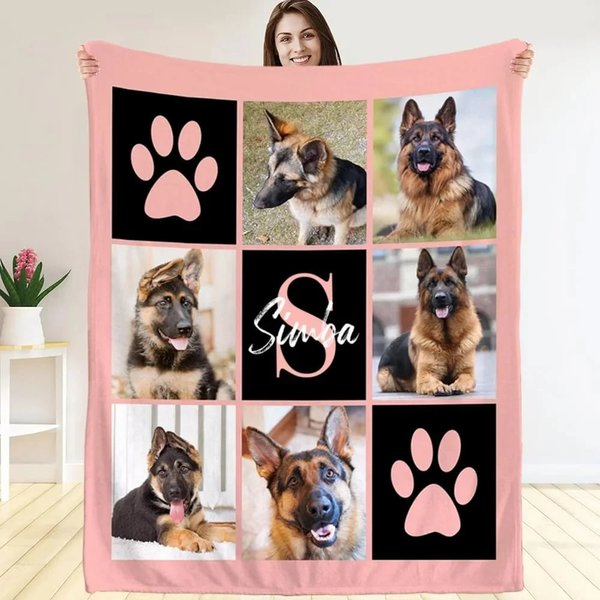Manta personalizada con huellas multicolor con 6 fotos de mascotas nombre e inicial regalo de cumpleaños o recuerdo para amantes de perros y gatos